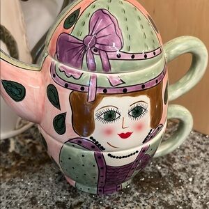 Vintage Lady Teapot with Pink and green Design. Susan Paley